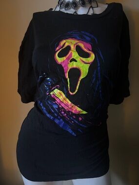 Black Graphic Scream Mask Tee with Neon Yellow and Pink Print